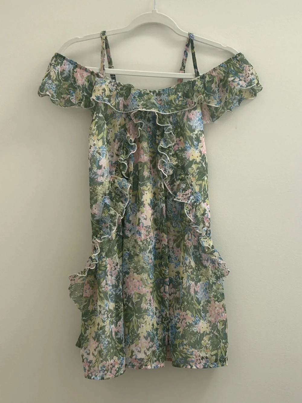 ABERCROMBIE KIDS Girls Green Floral Ruffle Off-Shoulder Dress 11/12
